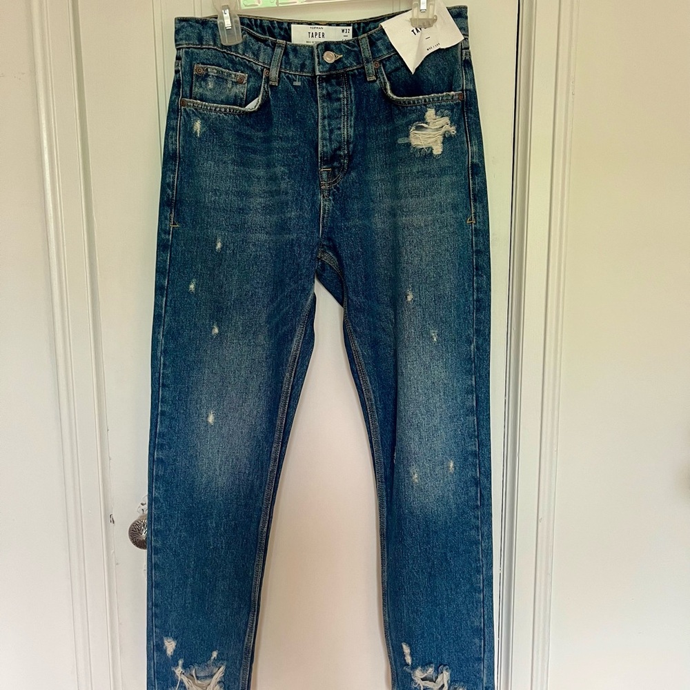 Topman Blue Distressed Taper Jeans